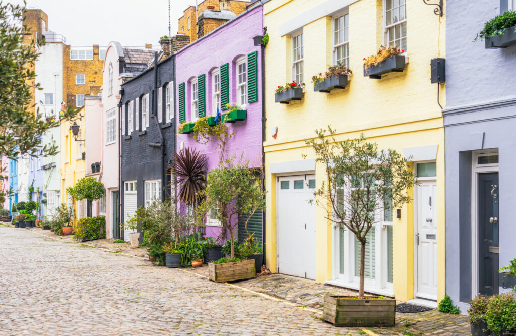 Exterior shot of multi coloured mews houses