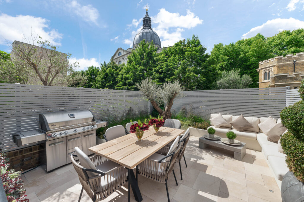 Sun drenched terrace of developed house in Knightsbridge