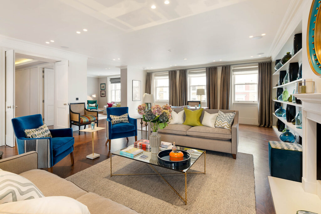 Interior shot of large lateral living space in Notting Hill penthouse